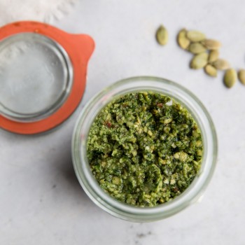 Pumpkin Seed and Cilantro Pesto Recipe • theVintageMixer.com #pesto #pumpkinseeds