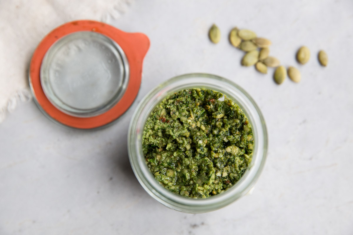Pumpkin Seed and Cilantro Pesto Recipe • theVintageMixer.com #pesto #pumpkinseeds