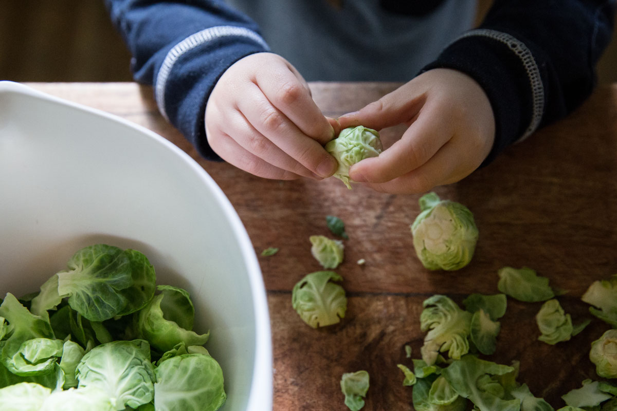 Pesto Pasta with Crispy Brussels Sprouts and Bacon Vintage Mixer