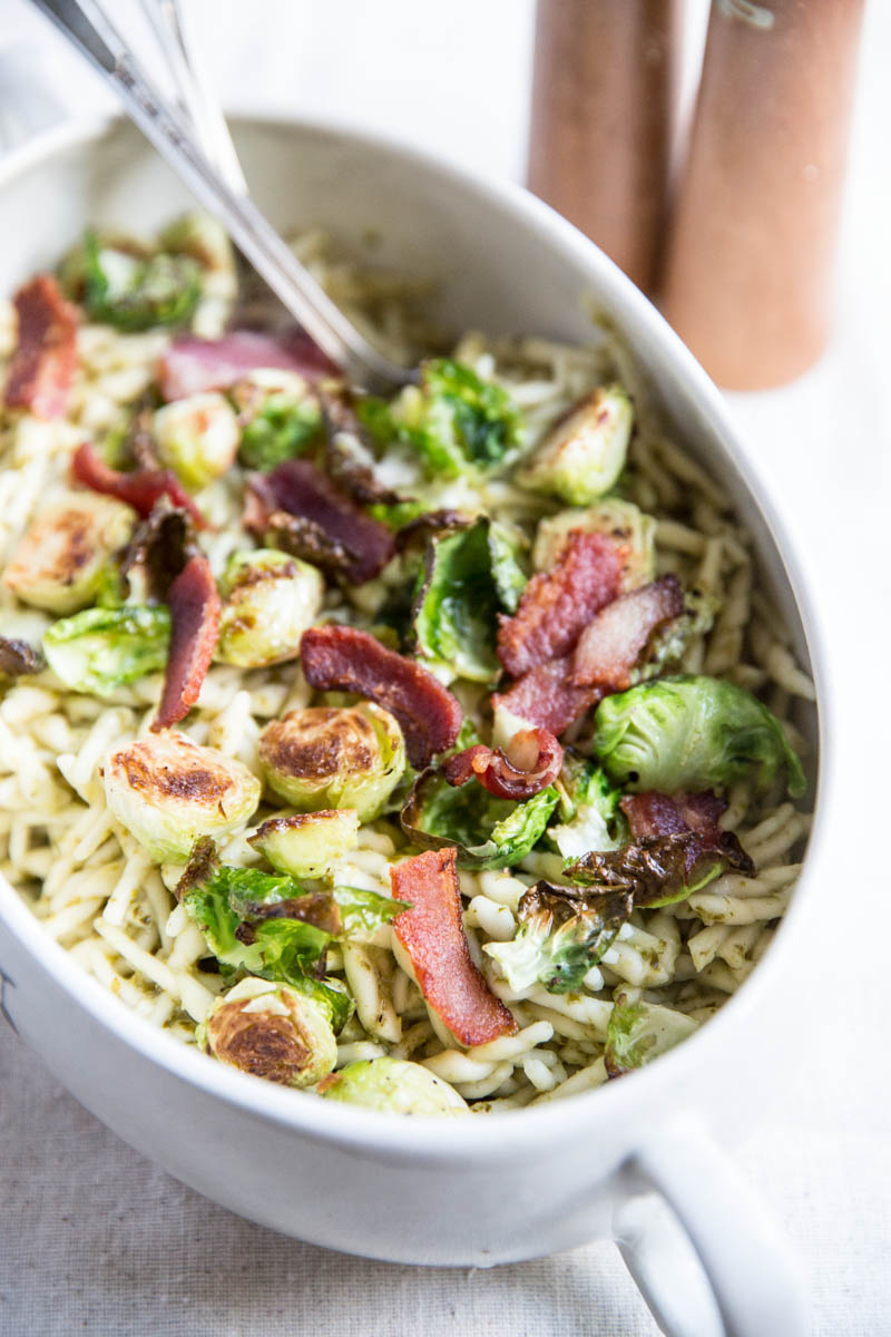 Pesto Pasta with Crispy Brussels Sprouts and Bacon Vintage Mixer
