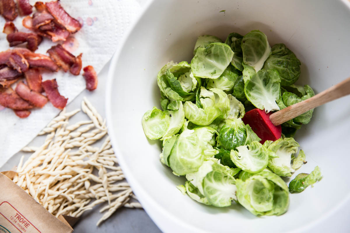Pesto Pasta with Crispy Brussels Sprouts and Bacon Vintage Mixer