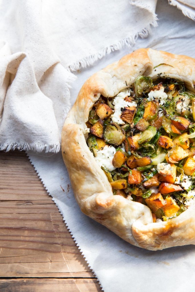 Fall Butternut Squash and Brussels Sprout Galette Recipe with Goat Cheese • theVintageMixer.com #galette #butternutsquash #brusselssprouts