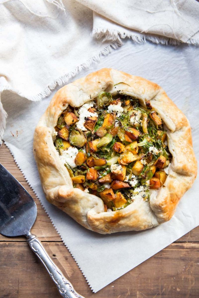 Fall Butternut Squash and Brussels Sprout Galette Recipe with Goat Cheese • theVintageMixer.com #galette #butternutsquash #brusselssprouts