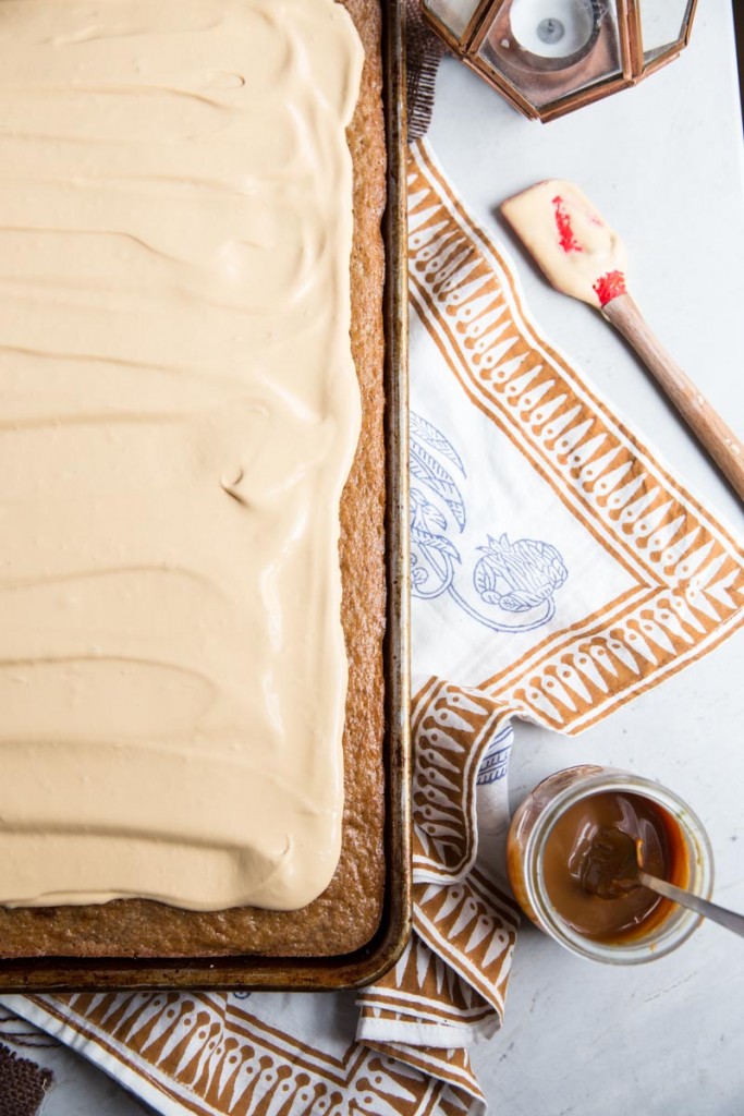 Chestnut Sheet Cake with Dulce de Leche Cream • theVintageMixer.com #sheetcake #chestnuts #delcedeleche