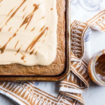 Chestnut Sheet Cake with Dulce de Leche Cream • theVintageMixer.com #sheetcake #chestnuts #delcedeleche