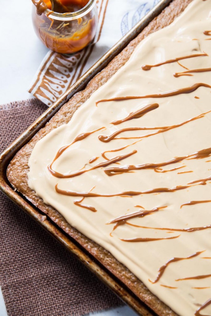 Chestnut Sheet Cake with Dulce de Leche Cream • theVintageMixer.com #sheetcake #chestnuts #delcedeleche