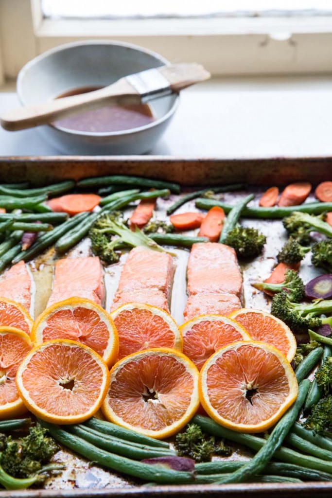 Orange Sesame Sheet Pan Salmon Recipe • theVintageMixer.com #salmonrecipe #sheetpanrecipe #easyrecipe #healthyrecipe #glutenfree #dairyfree #myharmons