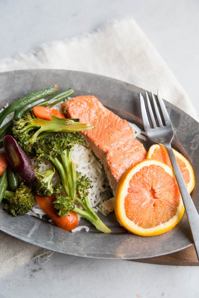 Orange Sesame Sheet Pan Salmon Recipe • theVintageMixer.com #salmonrecipe #sheetpanrecipe #easyrecipe #healthyrecipe #glutenfree #dairyfree #myharmons