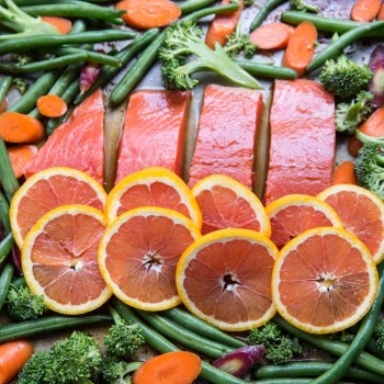 Orange Sesame Sheet Pan Salmon Recipe • theVintageMixer.com #salmonrecipe #sheetpanrecipe #easyrecipe #healthyrecipe #glutenfree #dairyfree #myharmons