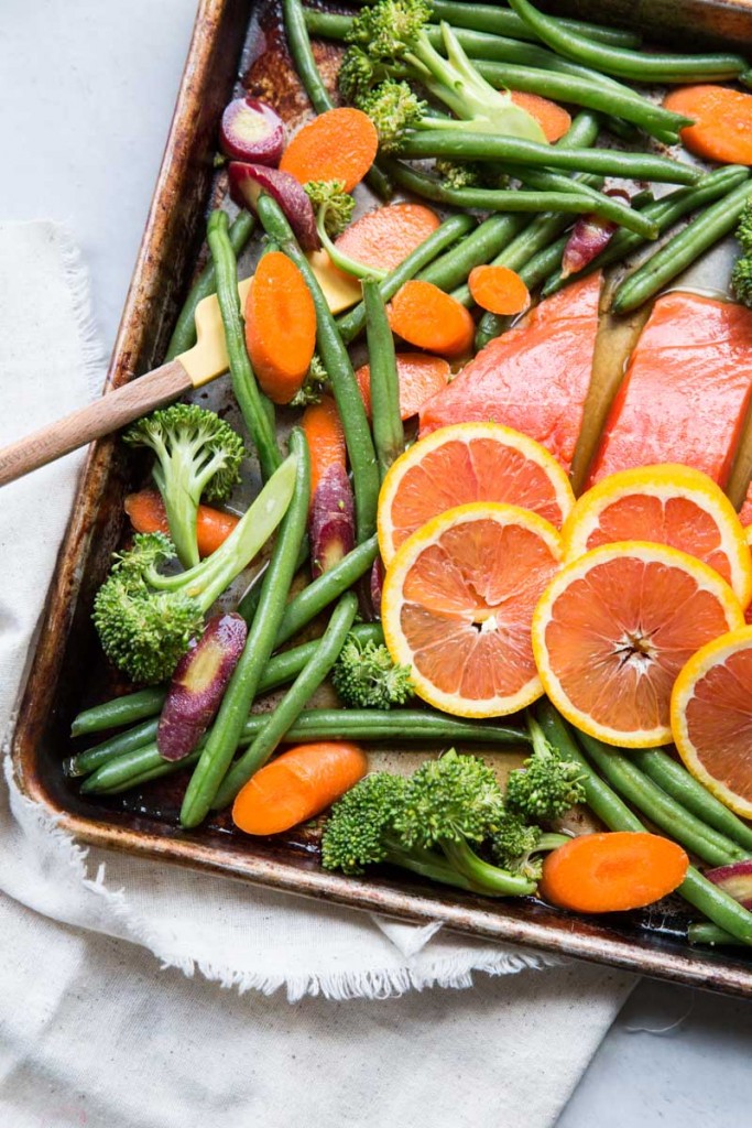 Orange Sesame Sheet Pan Salmon Recipe • theVintageMixer.com #salmonrecipe #sheetpanrecipe #easyrecipe #healthyrecipe #glutenfree #dairyfree #myharmons