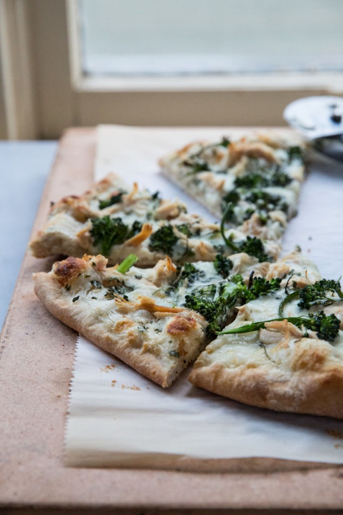 Broccoli Rabe and Chicken Pizza with Basil Cream Sauce • theVintageMixer.com #eatseasonal #pizzarecipe #chickenrecipe