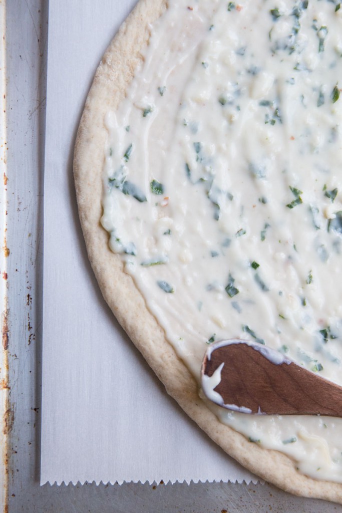 Broccoli Rabe and Chicken Pizza with Basil Cream Sauce • theVintageMixer.com #eatseasonal #pizzarecipe #chickenrecipe