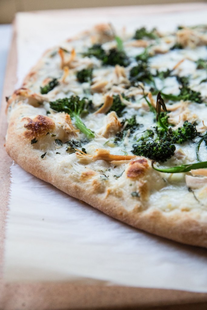 Broccoli Rabe and Chicken Pizza with Basil Cream Sauce • theVintageMixer.com #eatseasonal #pizzarecipe #chickenrecipe