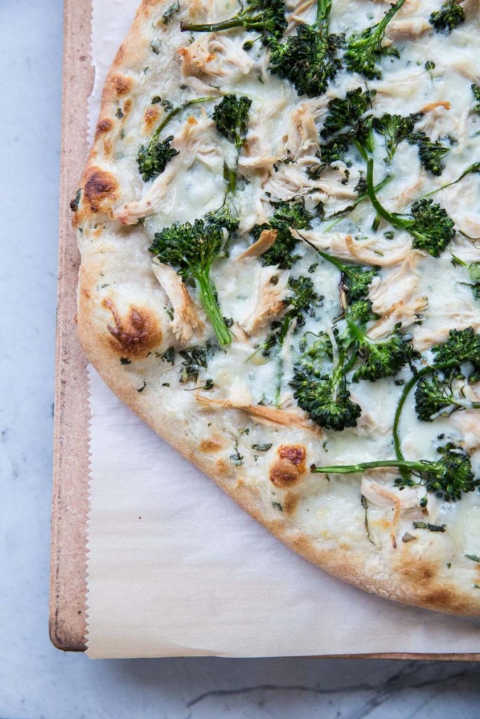 Broccoli Rabe and Chicken Pizza with Basil Cream Sauce • theVintageMixer.com #eatseasonal #pizzarecipe #chickenrecipe