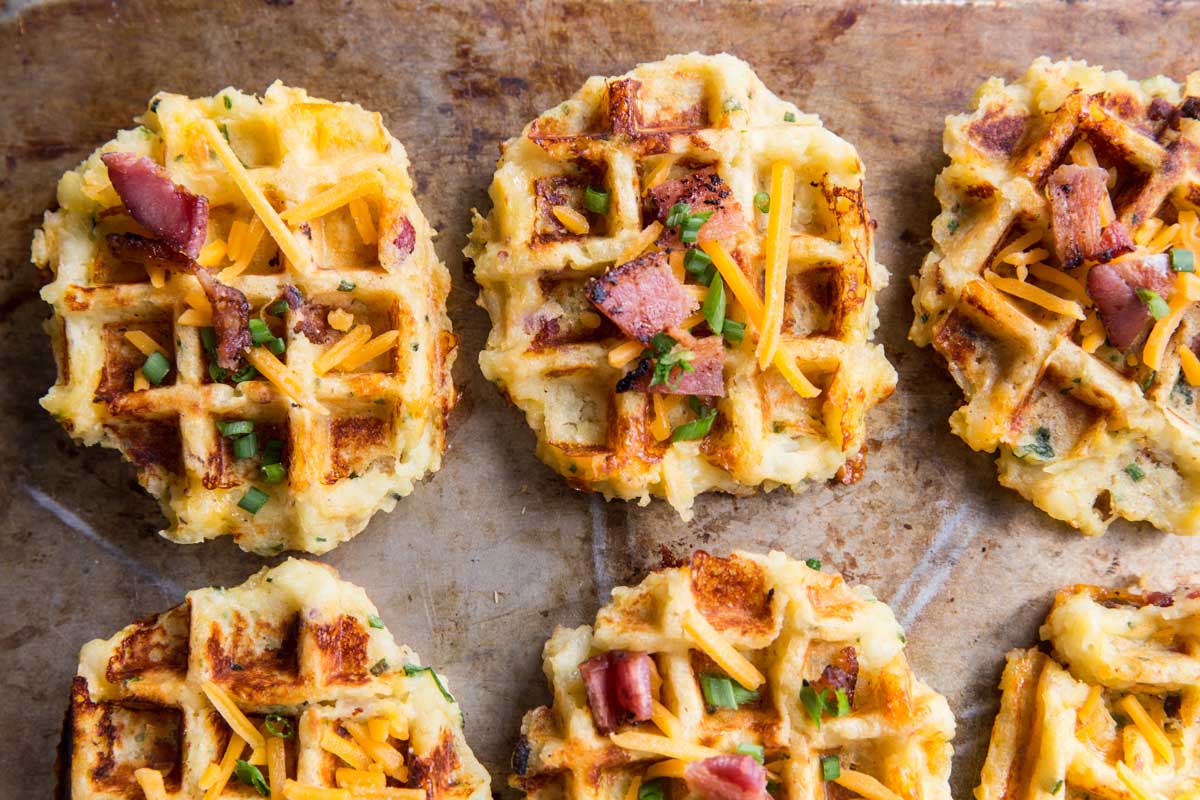 Loaded Baked Potato Waffle Recipe • theVintageMixer.com #waffles #potatorecipe