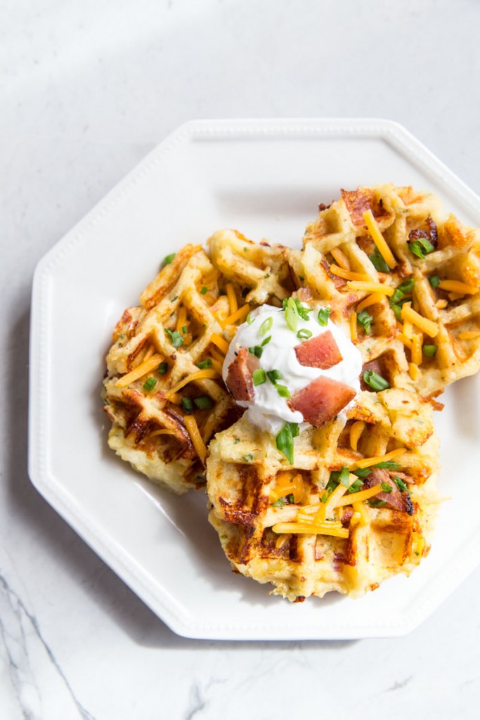 Loaded Baked Potato Waffle Recipe • theVintageMixer.com #waffles #potatorecipe