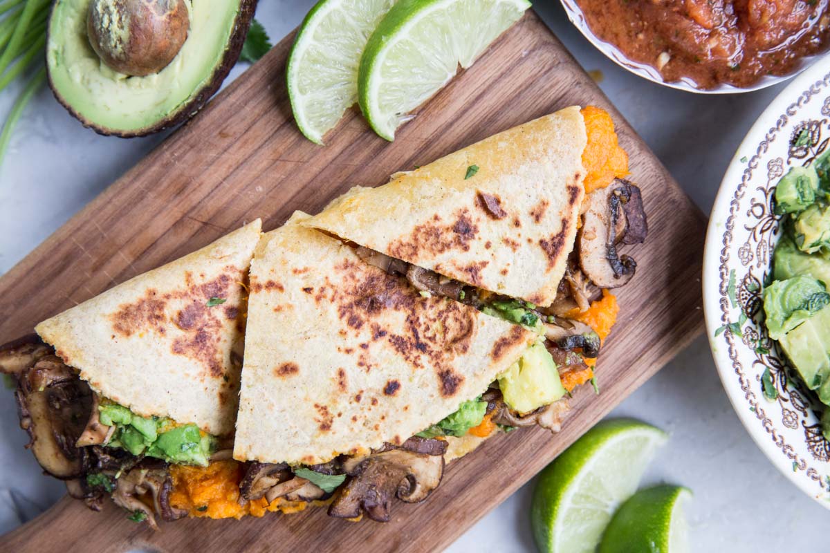 Vegan and Gluten Free Sweet Potato Mushroom and Avocado Quesadillas • theVintageMixer.com #vegan #glutenfree #quesadillas