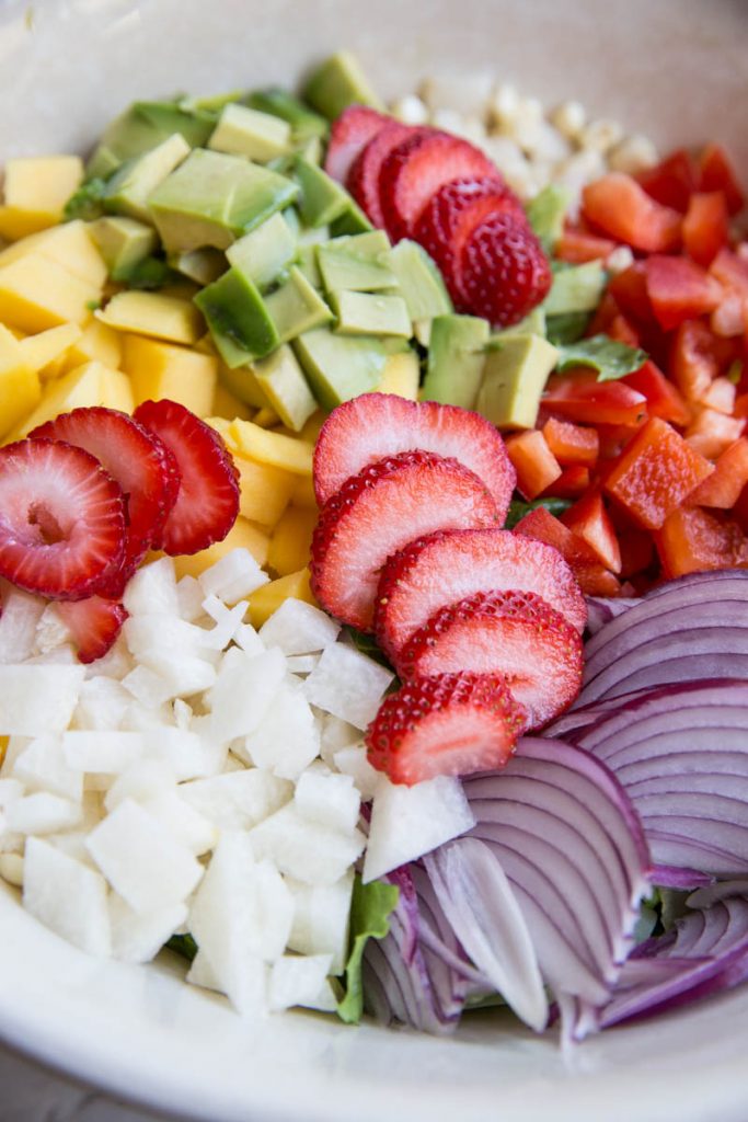 You MUST try this Summer Chopped Salad with Strawberry Lime Dressing. I eat this all Summer long!