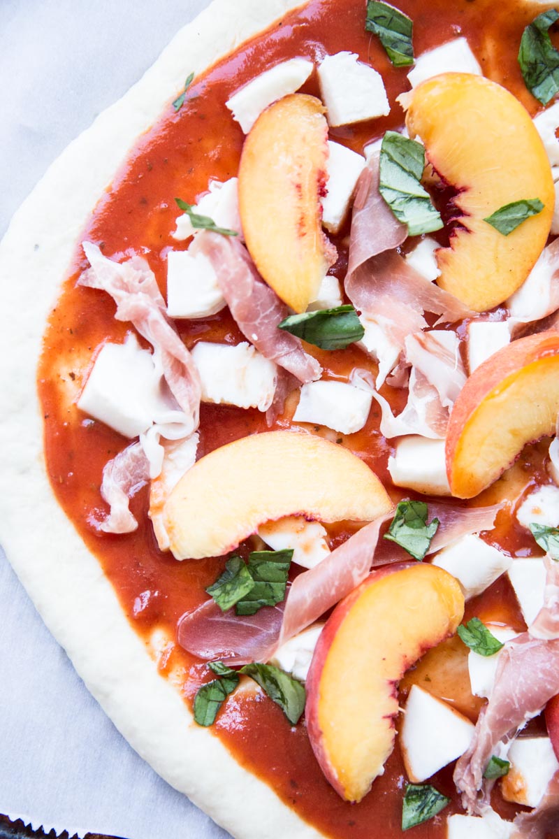 A snapshot of our pizza right before it goes into the oven.