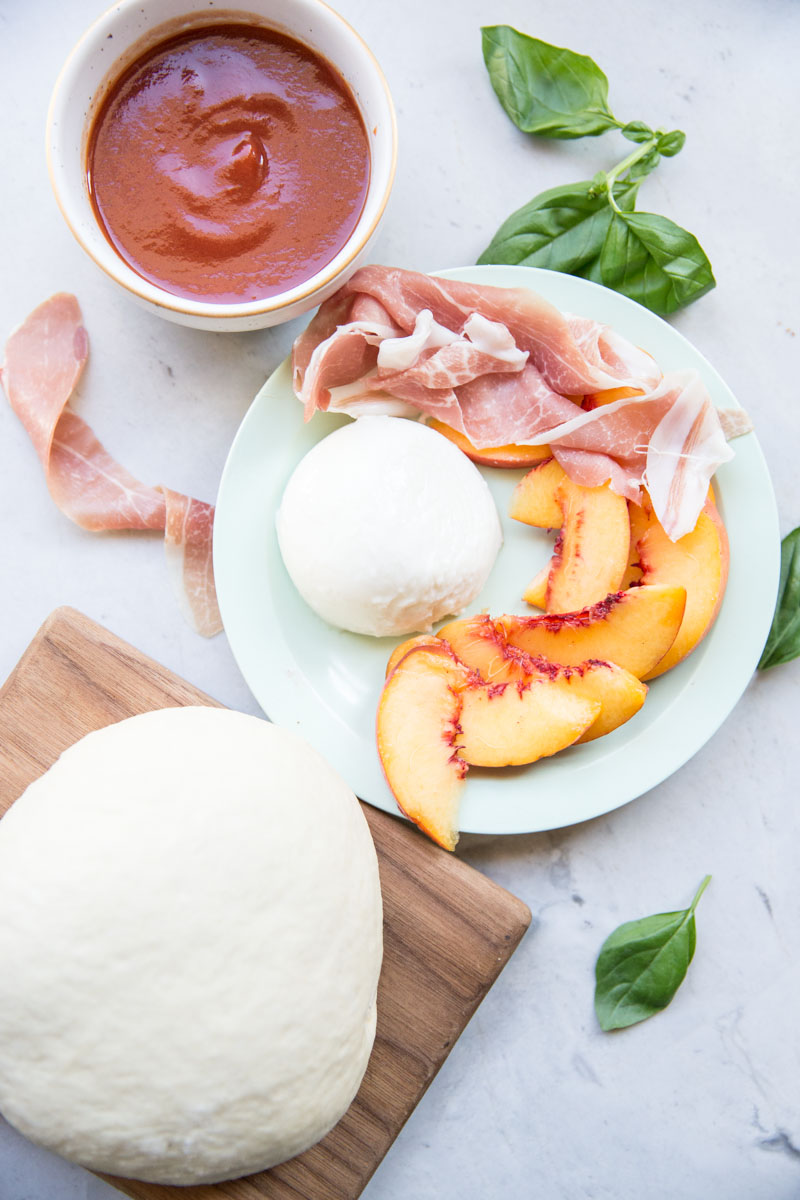 All the ingredients you need for a Peach and Prosciutto Pizza