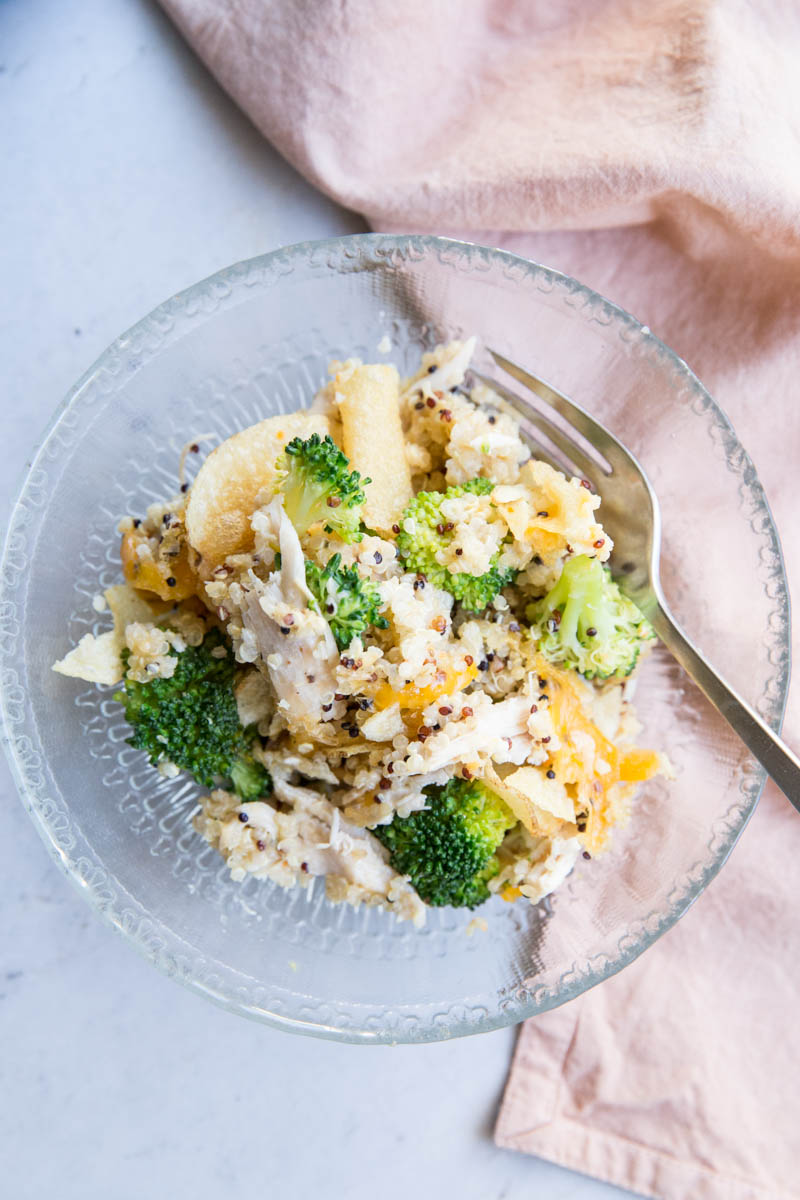 This gluten free cheesy Chicken and Broccoli Quinoa Casserole is one the whole family will love! 