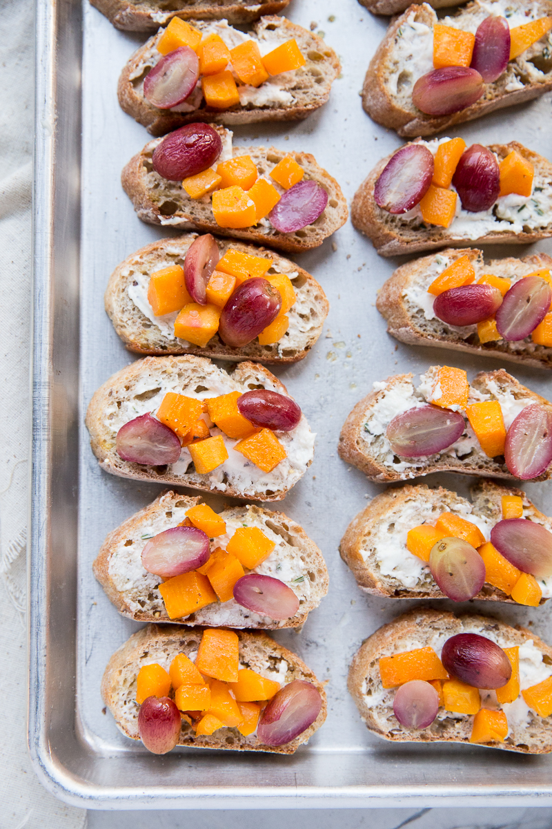 These crostini with roasted butternut squash and grapes gets devoured at any gathering I bring it to. 