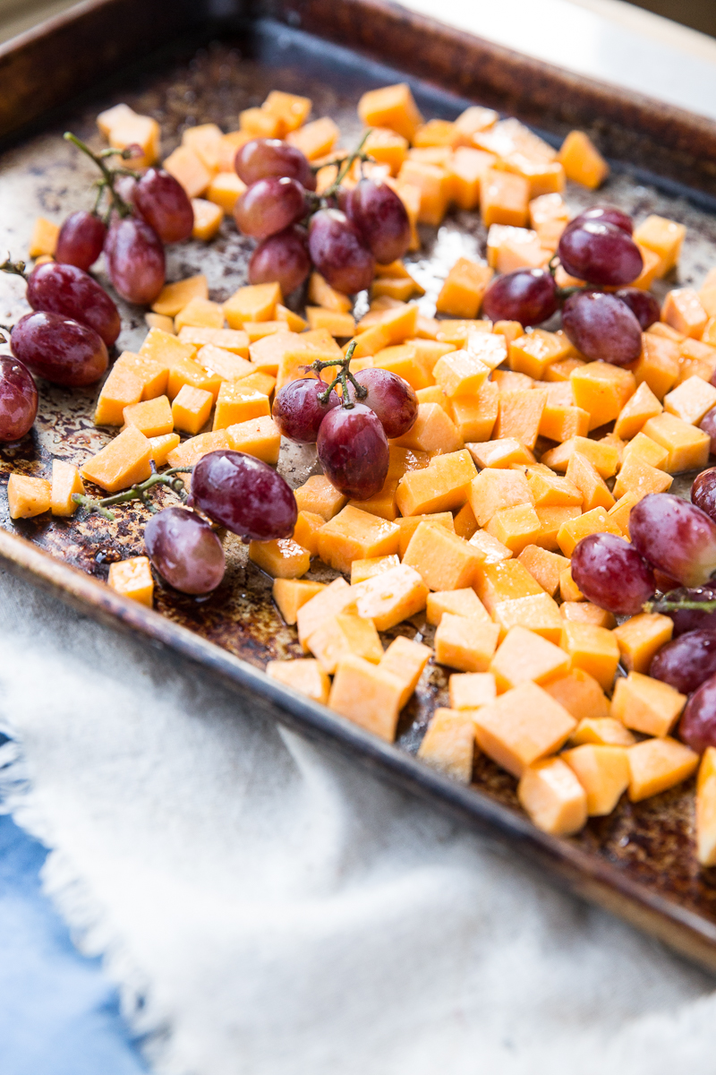 Roasted butternut squash and grapes are great on top of crostini. 