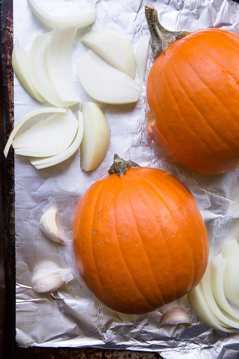 Roast pumpkins and onions for a flavorful vegan pasta sauce. 